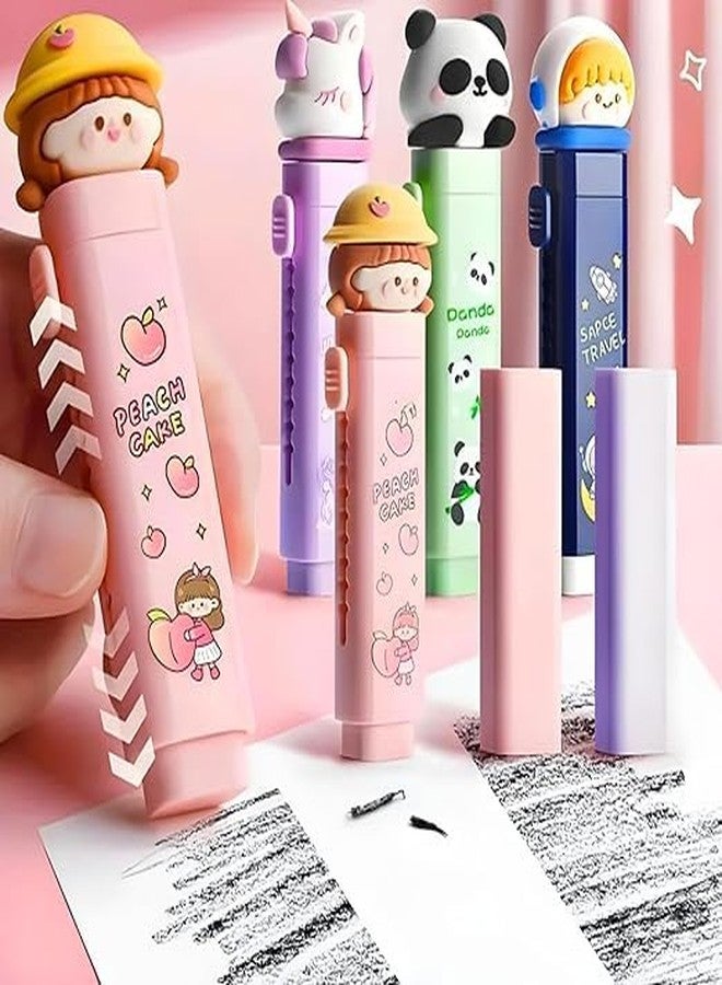 Krishope Cartoon Shaped Cute Erasers Push Pull Design Retractable Erasers Pastel Aesthetic Pencil Eraser Cute Rubber for Kids Students School Office Stationery ((Pink + Blue + Green + Purple) - Image 2